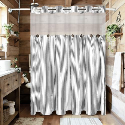 ASPMIZ Farmhouse Striped Shower Curtain and Liner Set No Hook, Black 71x86 | No Hook Shower Curtain with Snap in Liner Fabric, Rustic Washable Waterproof Bathroom Curtains with Button, Mesh Top Window - color: Black Striped, size: 71"W x 86"L (Pack of 1),