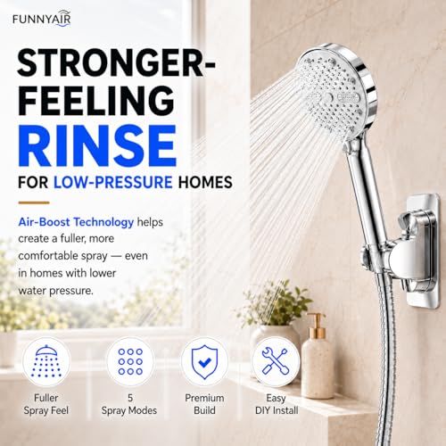 High Pressure Shower Head, Stick-on Low Mount Wall Bracket, Chrome | 5 Spray Modes, Water-Saving, 360° Adjustable Bracket, For Low Water Pressure Home, RV, Bathroom, Fix Firmly Kid-Friendly - color: Chrome