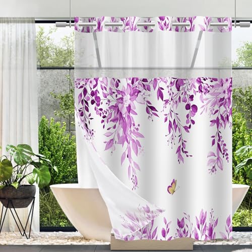 No Hook Shower Curtain and Liner Set, Purple Eucalyptus 71x77 | Floral Design, with Snap in Liner, See-Through Top Window, Waterproof, Machine Washable, Quick-Drying, for Hotel Bathroom - color: Purple, size: 71"W x 77"L (Pack of 1)