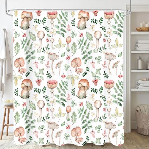 Mushroom and Fern Leaves Shower Curtain, Waterproof Fabric Cute Plant Botanical Bathroom Shower Curtain, 72 x 72 Inch - color: White Mushroom, size: 72"W x 72"L (Pack of 1)