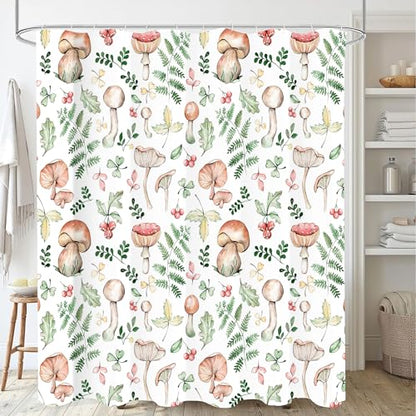Mushroom and Fern Leaves Shower Curtain, Waterproof Fabric Cute Plant Botanical Bathroom Shower Curtain, 72 x 72 Inch - color: White Mushroom, size: 72"W x 72"L (Pack of 1)