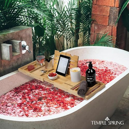 Foldable Bamboo Bathtub Tray Caddy for Tub — Expandable One-Piece Wood Bath Table with Wine Holder Book Stand and Non-Slip Pads — Space-Saving Bath Caddy — Housewarming - color: Foldable Wood Bamboo