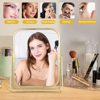 Vanity Makeup Mirror with Stand Double-Sided Swivel Tabletop Mirror for Makeup Desk Bathroom Countertop Dressing Table Bedroom Dresser Golden Metal Frame 7.87 * 6.1 * 2.71inch