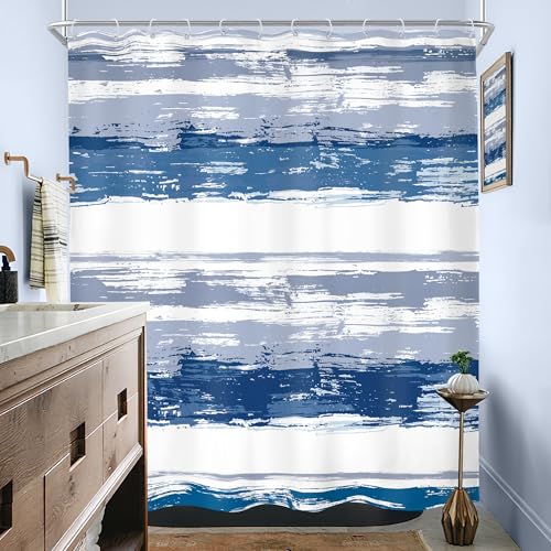 Abstract Navy Blue Modern Gray Striped Neutral Bathroom Shower Curtain Set | 60Wx72H Geometric Watercolor design, waterproof HD print with fast-drying fabric and 12 hooks. - color: B1-navy Blue, size: 60"W x 72"L (Pack of 12)