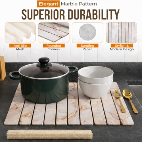 Large Stone Dish Drying Mat for Kitchen Counter 24"(L)×16"(W) – in Super Absorbent Diatomaceous Earth Drying Stone, Quick-Dry & Collapsible for Dishes, Bottles & Cups (White & Gold) - color: White & Gold