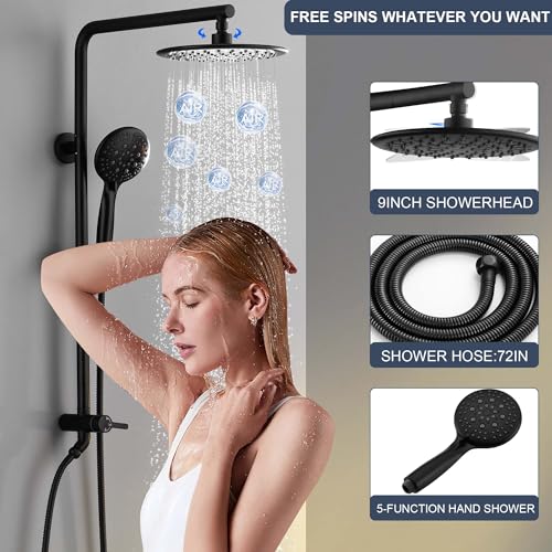 SonTiy 5-Function Retrofit Shower System Matte Black 9 Inch Rain Shower Head with Handheld Spray, Outdoor Stainless Steel Shower Rail Kit for Shower Remodel 2.5Gpm