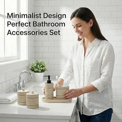 Bathroom Accessory Set, 6 Piece Bathroom Essentials Sets Accessories, Soap Dispenser Set, Toothbrush Holder, Vanity Tray, Tumbler, Cotton Swab Jars, Decor Organizer for Modern Bathrooms(Beige)