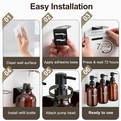 Shampoo and Conditioner Dispenser Set of 3, Amber | 16.9 oz Refillable Bottles, Black Pumps, No-Drill Wall Mount, 27 Labels, For Bathrooms, Hotels and Airbnbs - color: Dark Amber + Black Pump