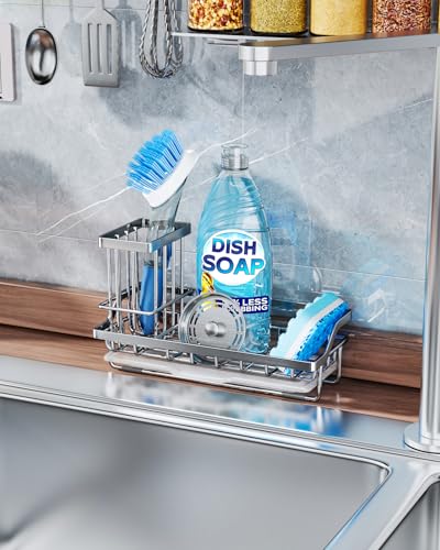 Consumest Sink Caddy, Kitchen Sponge Holder with Dish Brush Holder, Kitchen Organizer with Drip Tray for Countertop, Stainless Steel Rustproof - Silver - color: A-silver
