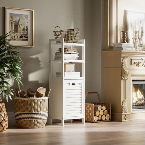 HITNET Bamboo Tilt Out Hamper, 10 Gal Bathroom Laundry Cabinet with Hidden Foldable Basket, Freestanding Clothes Storage Organizer with Storage Shelf, White - color: White