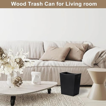 SEHERTIWY Wood Trash Can, Farmhouse Wastebasket Bin for Bathroom, Office, Bedroom, Living Room, Small Square Rustic Garbage Container (Wood-Black) - color: Black