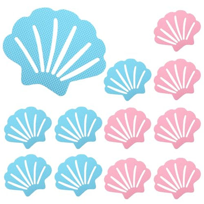 12 Pcs Blue and Pink Bathtub Stickers Non Slip | Shell Shaped, Safety Shower Treads, Adhesive, For Bathroom Bathtub & Shower Floor - color: Blue and Pink