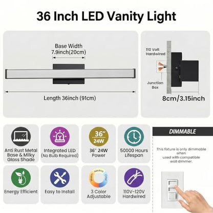 URSOLA 36" Modern LED Bathroom Light Fixtures, Matte Black 3CCT Dimmable Bathroom Vanity Light Over Mirror, Bathroom Vanity Bath Bar Lights with Double Layer Acrylic Shade - color: Matte Black, size: 36inch