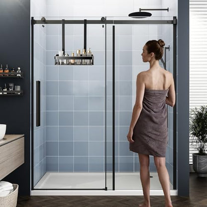 No Drilling Hanging Shower Caddy Over Door Black Iron Shower Holder | Single Layer Wall Mounted Storage Rack Shelf Basket With Hooks Soap Tray Large Stainless Steel Shower Caddy 11.6x5.3x13"