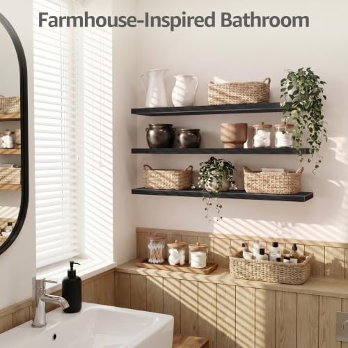 QEEIG 12" Deep Floating Shelves for Wall - 12 x 48 inch Book Shelf Bathroom Bedroom Kitchen Living Room Hanging Bookshelf Farmhouse Set of 3, Black (026-120B3) - color: B. Black, size: 47.2" x 12"