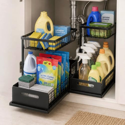 2-Tier Under Sink Organizer, Pull-Out Cabinet Storage Rack, Black, Adjustable Height 13.8 to 16.9 Inches