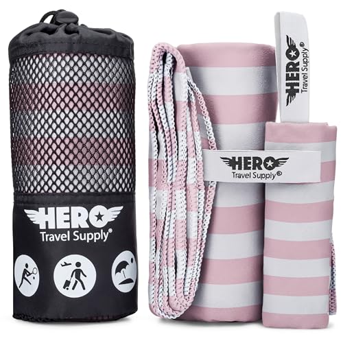 Hero Microfiber Towel, Camping, Beach, Gym, Includes Bonus Washcloth (Pink Stripe, 24" x 48") - color: Pink Stripe, size: 24" x 48"
