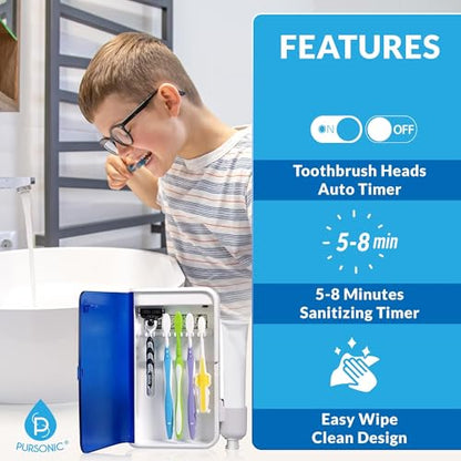 Pursonic UV Toothbrush Sanitizer Holder Wall Mounted - 5 Slots Toothbrush Holders for Bathrooms with Toothpaste Holder - No-Drill Toothbrush Holder Fits Electric Toothbrush Heads