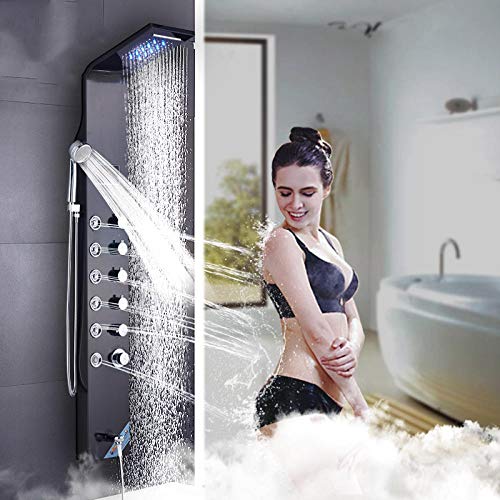 LCD Temperature Display Shower Panel Bathroom Tower Shower Column with Body Massage Jets LED Shower Head-Black (Color : Black) - color: Black