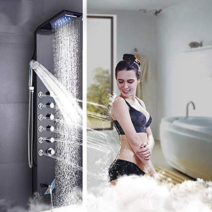 LCD Temperature Display Shower Panel Bathroom Tower Shower Column with Body Massage Jets LED Shower Head-Black (Color : Black) - color: Black