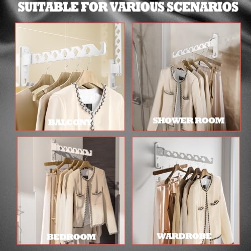 Dr.DJ Wall Mount Coat Hanger Holder White Clothes Drying Organizer Rack Garment Hooks Aluminium Retractable Folding Indoor Wall Mounted Hanger Space Saver for Laundry Room Bedroom White 2Pack - color: White 2Racks