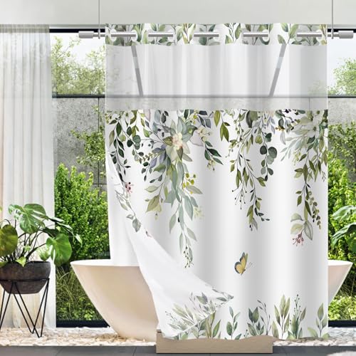 No Hook Shower Curtain and Liner Set, Sage Green Eucalyptus 71x84 | Floral Design, with Snap in Liner, Waterproof, Machine Washable, Quick-Drying, for Hotel Bathroom - color: Sage Green, size: 71"W x 84"L (Pack of 1)