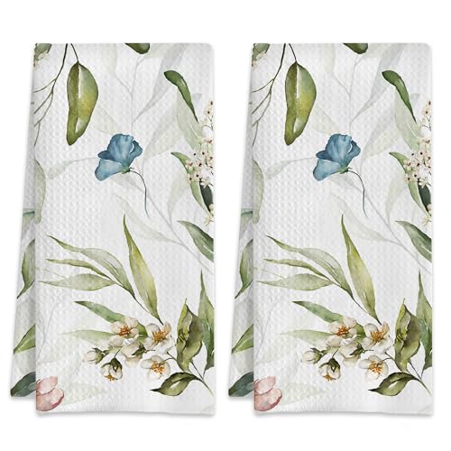2 Pack Hand Towels Watercolor Floral Flowers Green Leaves Kitchen Towels Absorbent Decorative Towel Set for Drying,Cleaning,Cooking,Bathroom,Holiday 16x24 Inches - color: Watercolor Floral Green Leaves