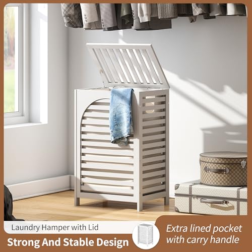 Laundry Hamper with Lid (16.9 * 13 * 26.5inches) Large Bamboo Laundry Bin Basket 85L Clothes Hamper with 1 Removable Bag Storage baskets for Bathroom (White) - color: White