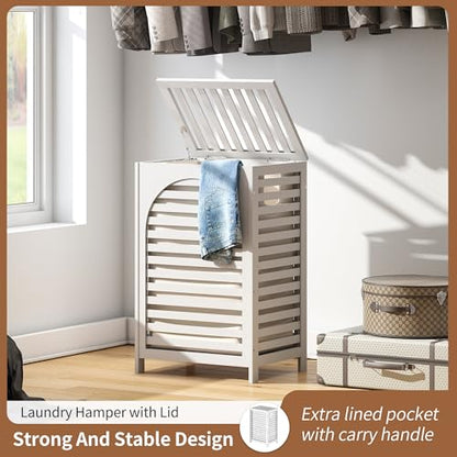 Laundry Hamper with Lid (16.9 * 13 * 26.5inches) Large Bamboo Laundry Bin Basket 85L Clothes Hamper with 1 Removable Bag Storage baskets for Bathroom (White) - color: White