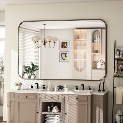 30x48 Inch Black Bathroom Vanity Mirror for Over Sink | Rectangle Wall Mirror for Bathroom with Round Corner, Hangs Horizontally Vertically for Living Room, Bedroom as Home Decor - color: Black, size: 48"L x 30"W