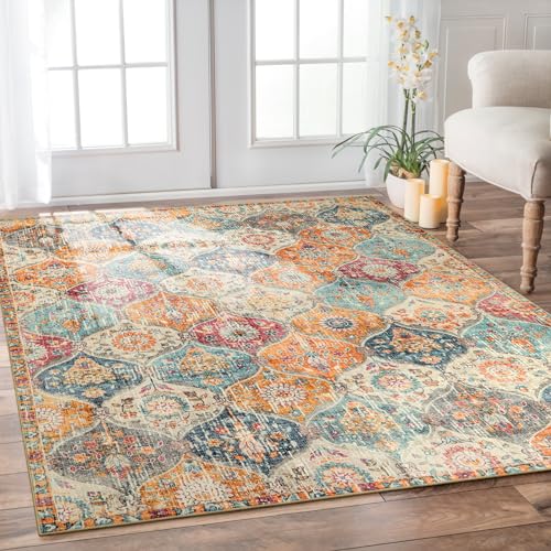 Lahome Moroccan 6x9 Rugs for Living Room, Soft Washable 6x9 Area Rug for Bedroom, Ultra-Thin Oriental Trellis Non Shedding Throw Large Carpet for Dining Room Office Elise, Cream/Multi - color: Burnt Orange/Teal Multi, size: 6' X 9' (Rectangular)