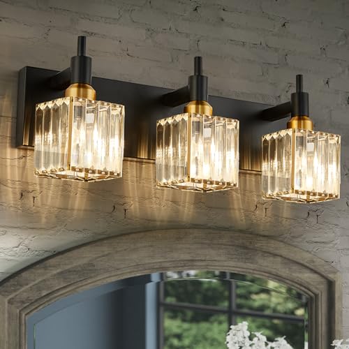 Modern Crystal Bathroom Vanity Light 3-Light Brass Wall Light Fixtures Over Mirror Black and Gold Vanity Lighting for Bathroom Square Shade Brass Wall Sconce - color: Black Gold-Square Shade, size: 3-Light