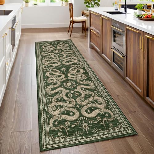 Snake Washable Runners for Hallways 2x6 Runner Rug for Kitchen Non Slip with Rubber Back Forest Soft Low-Pile Stain Resistant Thin Carpet for Entryway Bedroom Laundry Room Green - color: Green, size: 2' x 6' (Rectangular)