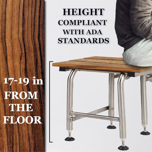 Teak Shower Seat with Legs - Folding Wall Mount Bench for Inside Shower / Bathroom Safety Assist / 304 Stainless Steel & Hardwood / Left / 26" x 21" - size: 26 Left