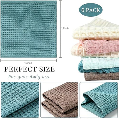 vfaejll Kitchen Towels Set 6 Pack, 100% Cotton Waffle Weave Dish Cloths & Dish Towels, 13x13 Inch Hand Towels for Kitchen, Absorbent Quick-Drying Dish Rags for Washing Dishes, 6 Colors
