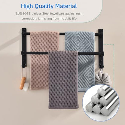 18-Inch Double Towel Rack with Hooks - Space Saving Towel Hanger, Matte Black Stainless Steel Towel bar for Bathroom Wall - color: Matte Black, size: 18-Inch