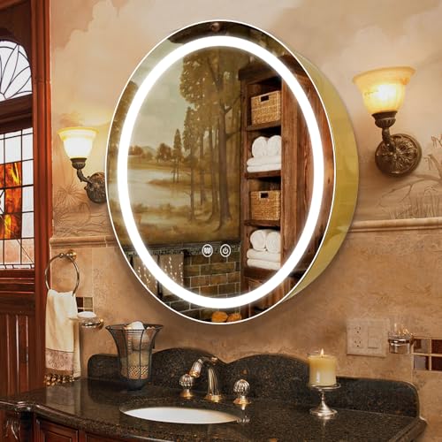 28inch Round Medicine Cabinet with Lights,Led Medicine Cabinet with Defogger,Illuminated Mirror Cabinet for Bathroom,Dimmable,Anti-Fog,3 Colors,Surface Mount only,Gold - color: Gold, size: 28inch
