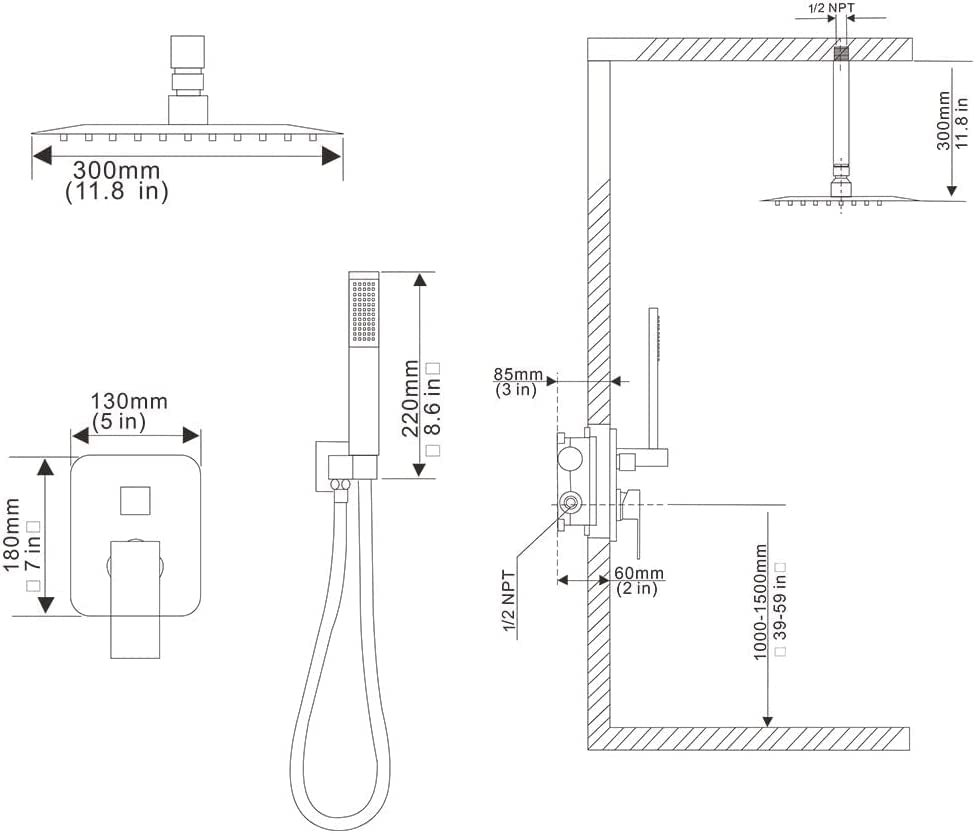 Matte Black Shower System Bathroom 12 Inch Rain Shower Head Ceiling Mount with Handheld Luxury High Pressure Shower Combo Set Shower Faucet Rough-in Valve Body and Trim Kit - color: Matte Black, size: 12 Inch
