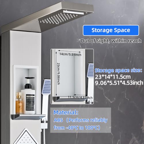 Shower Panel Tower System with Storage- Brushed Gray | 304 Stainless Steel 5-Function Shower Panel Faucet Set with Powerful Body Jets, Rainfall, Waterfall,Handheld and Tub Spout - color: Brushed Gray