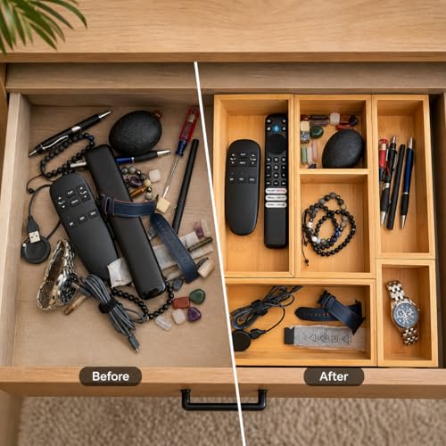 5-Piece Bamboo Drawer Organizer Set – Versatile Storage Trays for Kitchen, Bathroom, Office, Makeup, Jewelry & More – Drawer Dividers, Utensil Organizer & Storage Bin Set (5 Pieces)