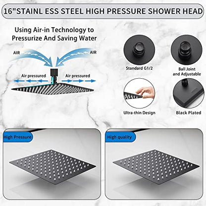 Rain Shower Head Black with Extension Arm 16 Inch Square Shower Head with 16 Inch Shower Arm Large Stainless Steel Rainfall Showerhead Matte Black Waterfall Full Body Coverage by GGStudy - color: Black, size: 16inch