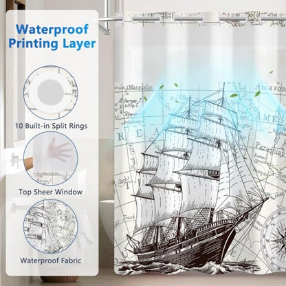 Nautical Shower Curtains for Bathroom, Retro Sailboat No Hook Shower Curtain with Snap in Liner and Sheer Top Window, Easy to Install Waterproof Fabric Shower Curtains with Weighted Hem, 71x74 Inches - color: Sailboat
