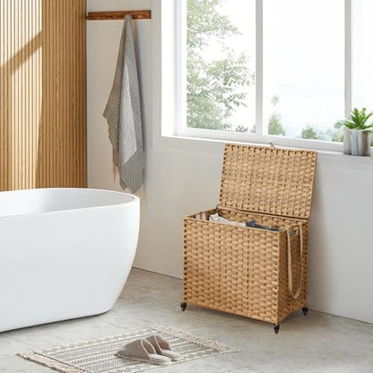 Laundry Hamper with Wheels, 34.3 Gallon(130L) Rolling Laundry Basket with Lid, Removable Large 2 Color Liners & 3 Mesh Laundry Bags, Clothes Hamper with Side Pocket, Natural - color: Natural, size: 23.62"L x 15.75"W x 21.65"H