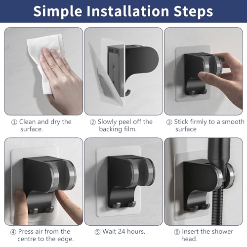HANLIAN Strong Adhesive Handheld Shower Head Holder Without Drilling | 50° Adjustable Shower Wand Holder Wall Mount with Hooks, Waterproof Hand Held Showerhead Bracket with Hanger(Black, 1 piece) - color: Black