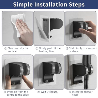 HANLIAN Strong Adhesive Handheld Shower Head Holder Without Drilling | 50° Adjustable Shower Wand Holder Wall Mount with Hooks, Waterproof Hand Held Showerhead Bracket with Hanger(Black, 1 piece) - color: Black