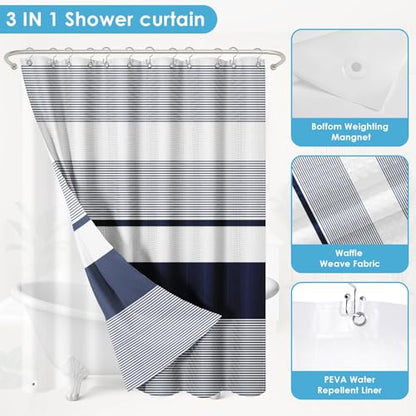 3 in 1 Shower Curtain and Liner,72 x 72 inch, Striped Navy | Blue Shower Curtain and PEVA Liner Set with 12 Rust-Resistant Metal Hooks, Waterproof Fabric Curtains for Bathroom - color: Navy Blue