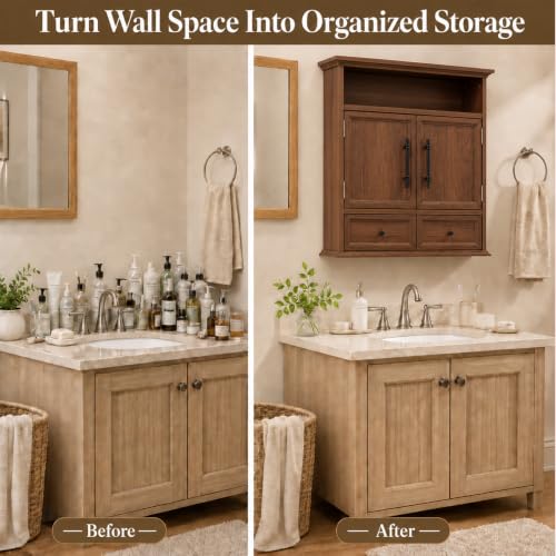 24" Wall Mounted Bathroom Storage Cabinet with Adjustable Shelf, Open Shelf, Double Doors and Full-Width Drawer, Farmhouse Floating Cabinet for Over Toilet,Walnut