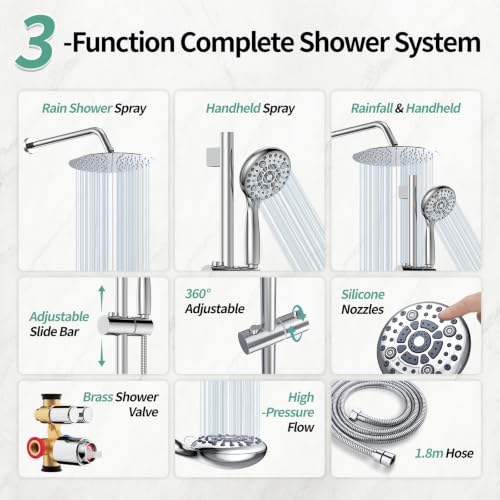 SR SUN RISE Rain Shower Faucet Set - 10 Inch Rain Shower Head with Handheld & Slide Bar Combo Set - Bathroom Wall Mounted Shower Faucet with Valve - Polished Chrome - color: Polished Chrome