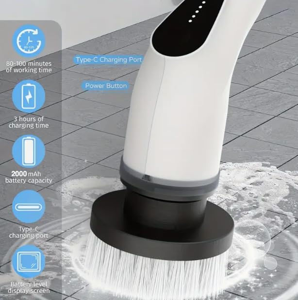 Electric Spin Scrubber, 5-Speed Power Spin Cleaner with 8 Replaceable Brush Heads, IPX7 Waterproof, Adjustable Extension Handle, Large Battery for Bathroom, Shower, Tile, and Floor Cleaning