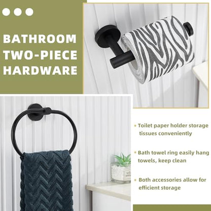 Matte Black Bathroom Hardware Set, 2-piece, 304 Stainless Steel | Bathroom Accessories Set for Bathroom Restroom, 180° rotating Towel Ring, Open-arm Toilet Paper Holder, Drilling Mounted - color: Matte Black Oval Shape